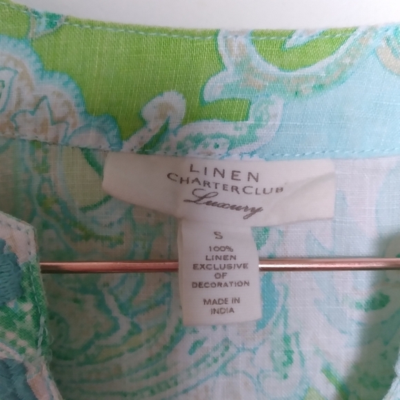 Charter Club Green Linen Quarter Sleeve Split Neck Paisley Blouse Size Small - Picture 9 of 10